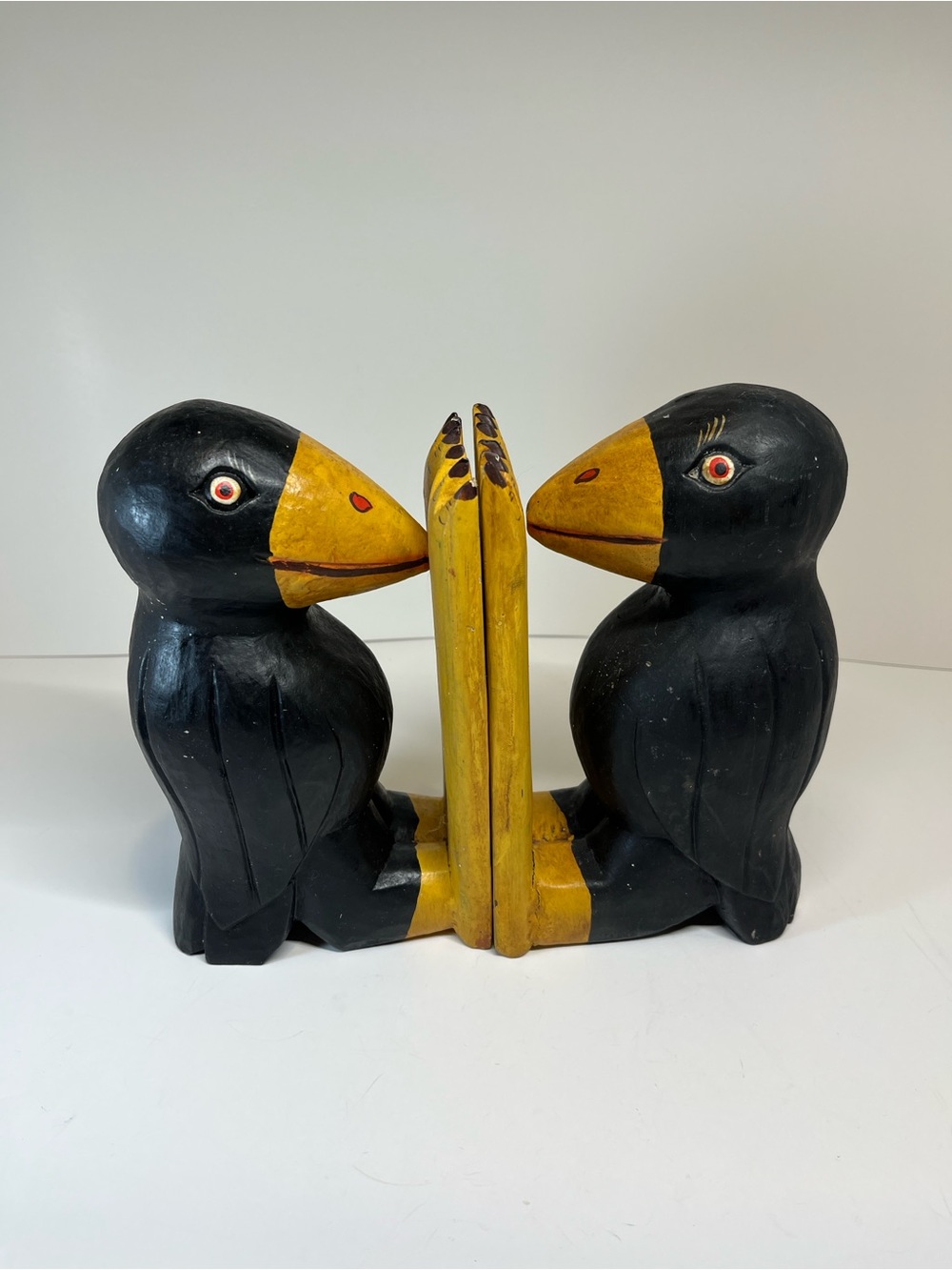 Vtg Hand Carved Wooden Black Bird Bookends Witchy Boho Folk Art Decor Whimsical